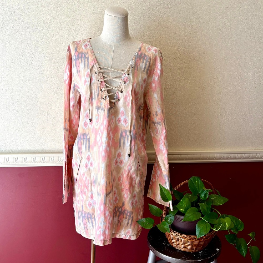 Marrakech Pink Ikat 100% Linen Lace Up Tunic Top M Artsy Bohemian Beach Resort